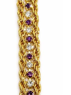 Triple Strand Gold Tone Bracelet Enhanced with Purple & Clear Rhinestone Accents